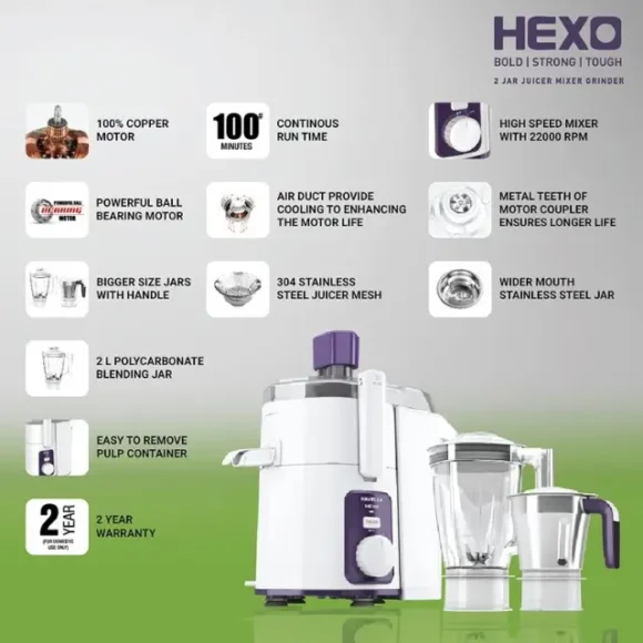 Havells Hexo 1000W Juicer Mixer Grinder Features